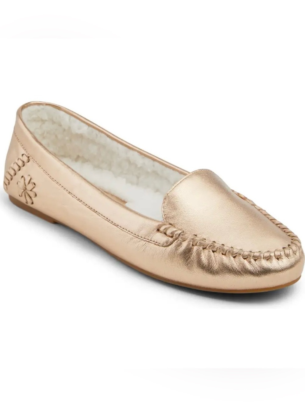 Jack Rogers Millie Metallic Rose Gold Leather Moccasin with Shearling Lining